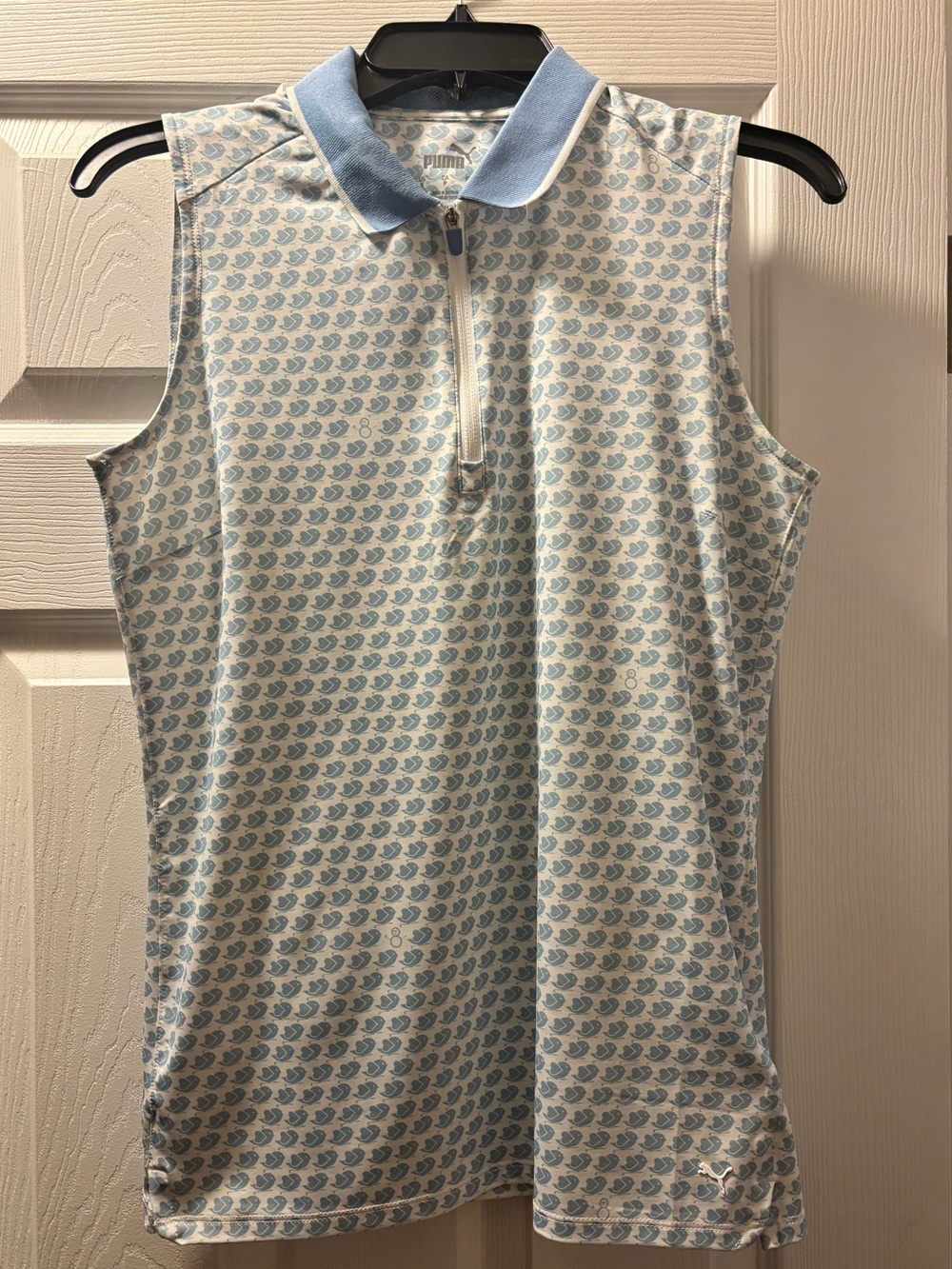 Puma Light Blue & White Bird & Snowman Print Sleeveless Zip Polo